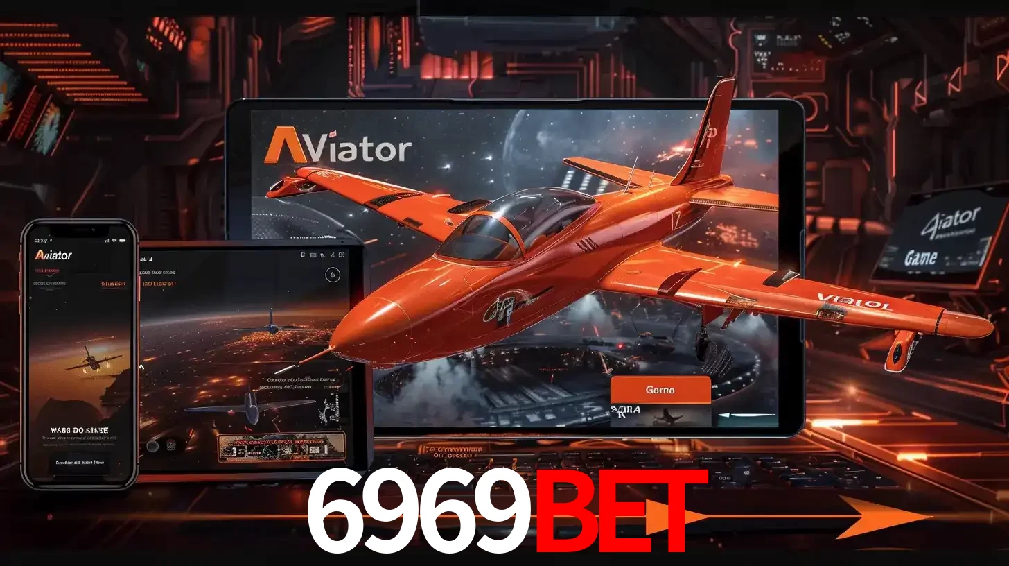 Apresentação tecnológica do jogo Aviator com um avião saindo da tela de um tablet, demonstrando a experiência imersiva em múltiplos dispositivos no 6969BET.