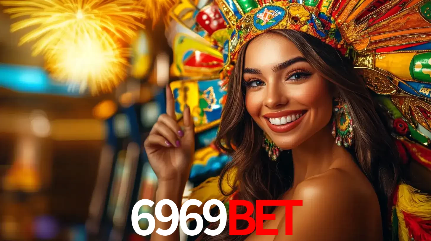 Mulher sorridente com um cocar de carnaval vibrante e colorido, celebrando uma grande vitória nos jogos do cassino 6969BET com fogos de artifício ao fundo.