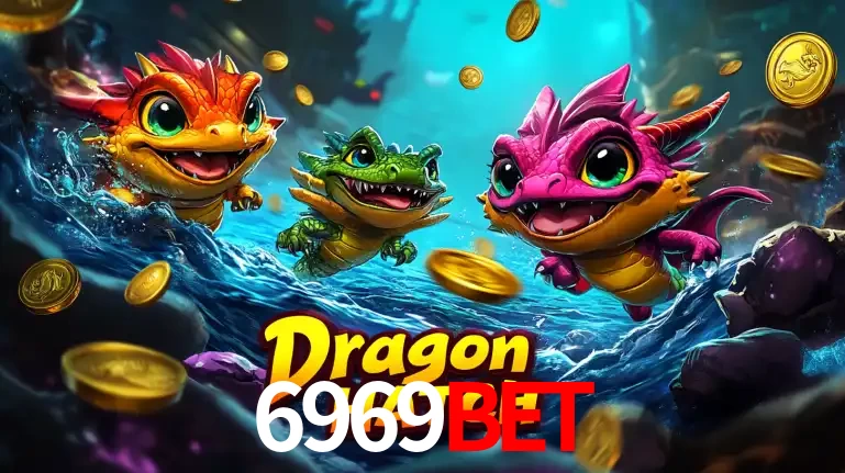 Arte promocional do jogo Dragon Hatch com três adoráveis dragões bebês nadando entre moedas de ouro, um dos slots mais divertidos para jogar no cassino 6969BET.