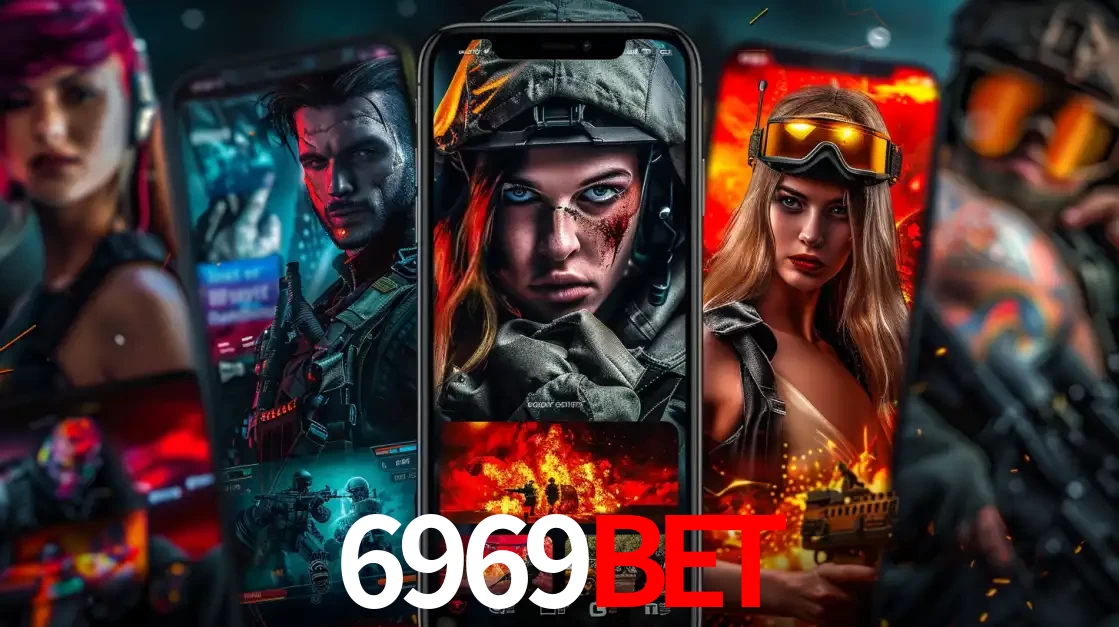 Montagem de telas de celular mostrando diversos personagens, masculinos e femininos, de um jogo de tiro, ilustrando a diversidade de equipes de e-sports para apostar no 6969BET.