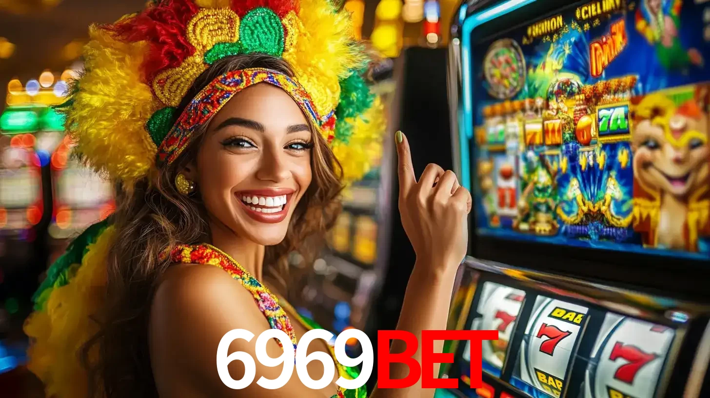 Mulher animada com um cocar de carnaval apontando para uma máquina de caça-níqueis, mostrando a emoção de ganhar um grande prêmio nos jogos do 6969BET.