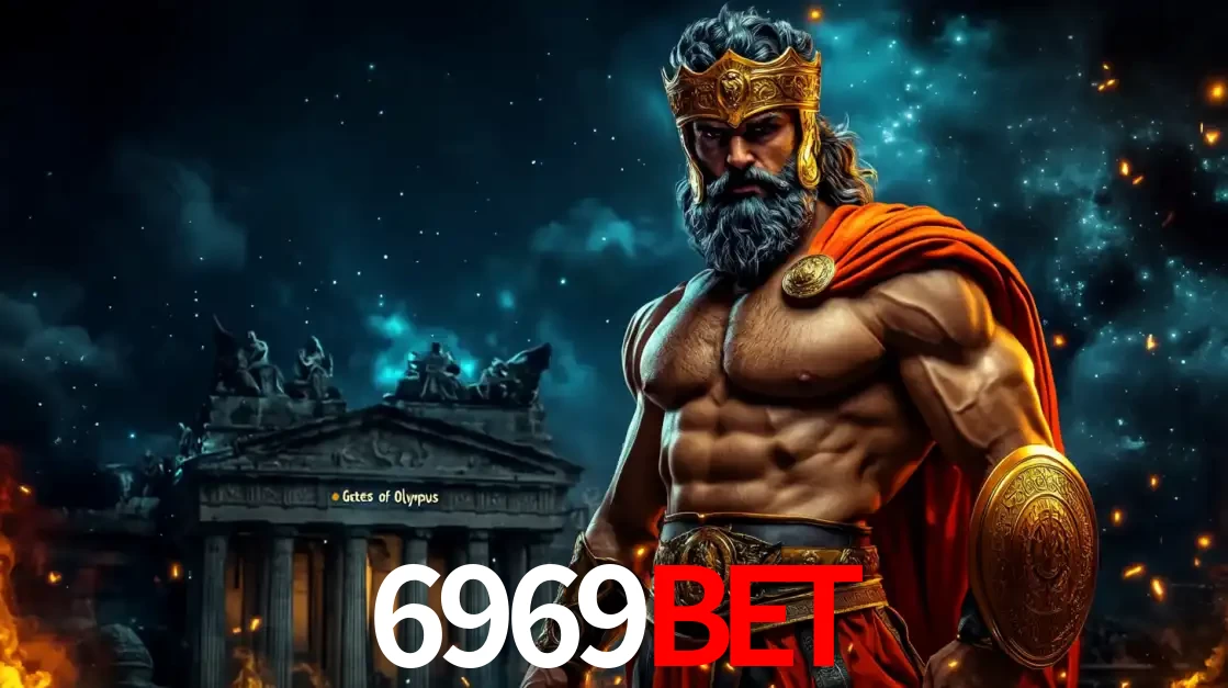 O poderoso Zeus do jogo de slot Gates of Olympus em frente ao seu templo, pronto para lançar multiplicadores divinos e prêmios épicos no cassino online 6969BET.