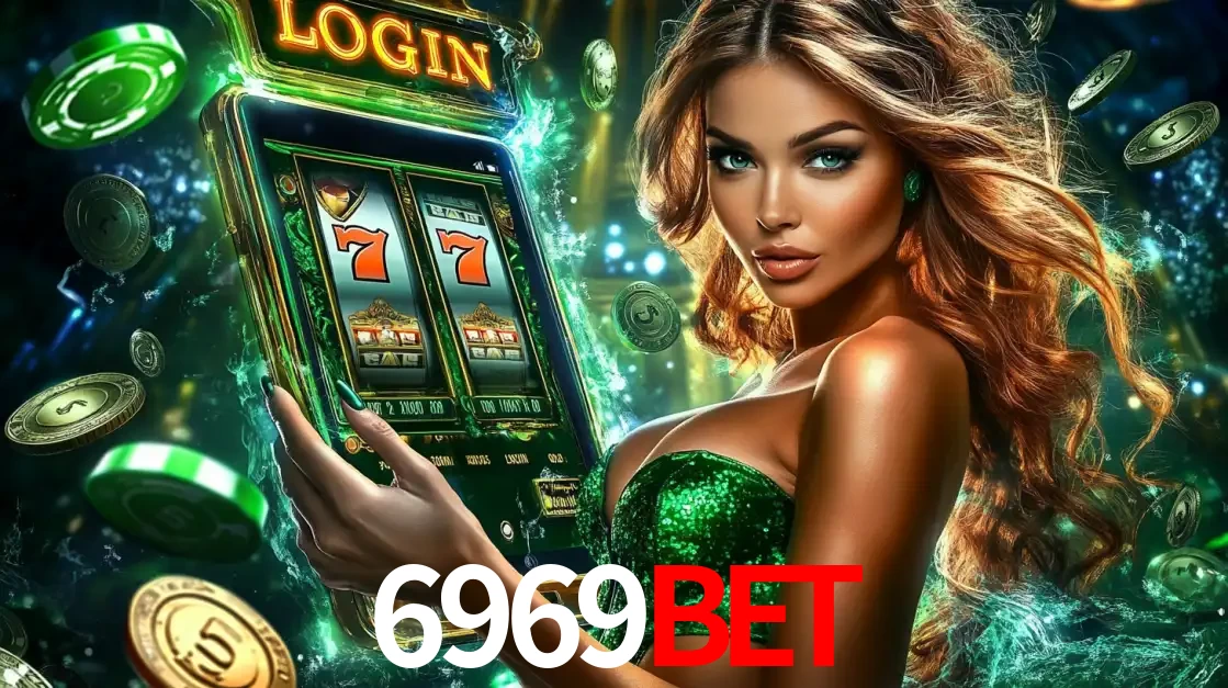 Mulher com tema verde apresentando o aplicativo do cassino 6969BET com um jogo de slot de 777, cercada por fichas de cassino e uma aura de sorte.