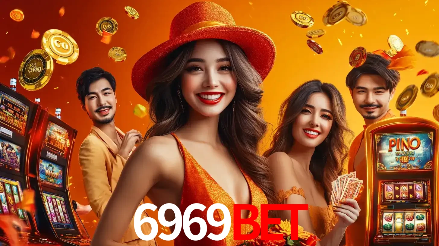 Grupo de amigos asiáticos sorrindo e se divertindo com máquinas de caça-níqueis em um ambiente festivo, celebrando suas vitórias nos jogos de cassino do 6969BET.