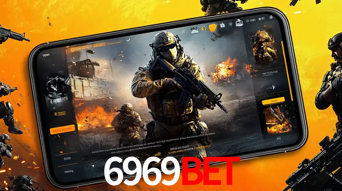 Um smartphone exibindo a interface de um jogo de tiro em primeira pessoa, com um soldado em um cenário de batalha, representando a ação dos e-sports para apostar no 6969BET.