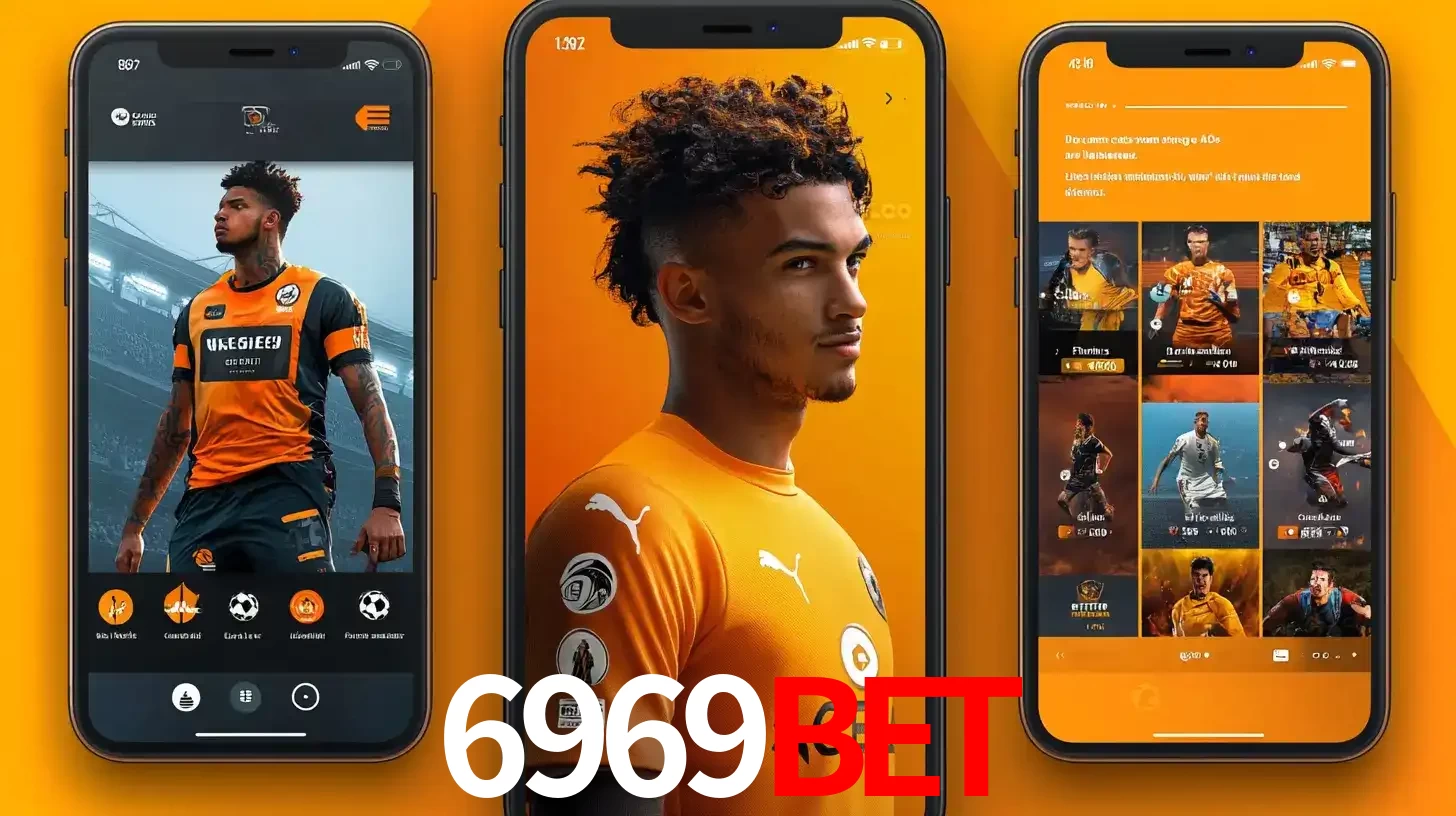 Interface do aplicativo de apostas esportivas 6969BET em três telas de celular, mostrando o perfil de um jogador de futebol e a lista de jogos disponíveis para apostar.