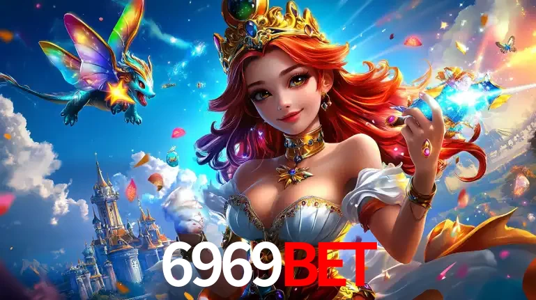 A princesa de um reino de fantasia mágico, com seu pequeno dragão, apresentando um mundo de prêmios encantados nos jogos de caça-níqueis do cassino 6969BET.