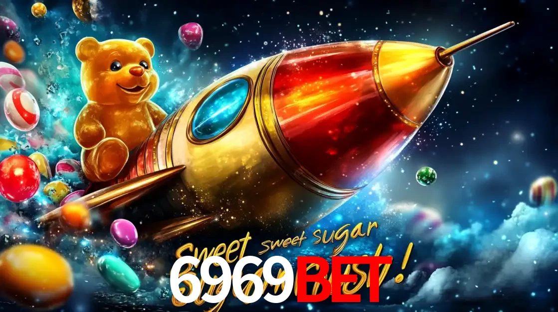 Arte promocional do jogo de slot Sugar Rush, com um urso de pelúcia em um foguete viajando pelo espaço de doces, um dos jogos divertidos disponíveis no cassino 6969BET.