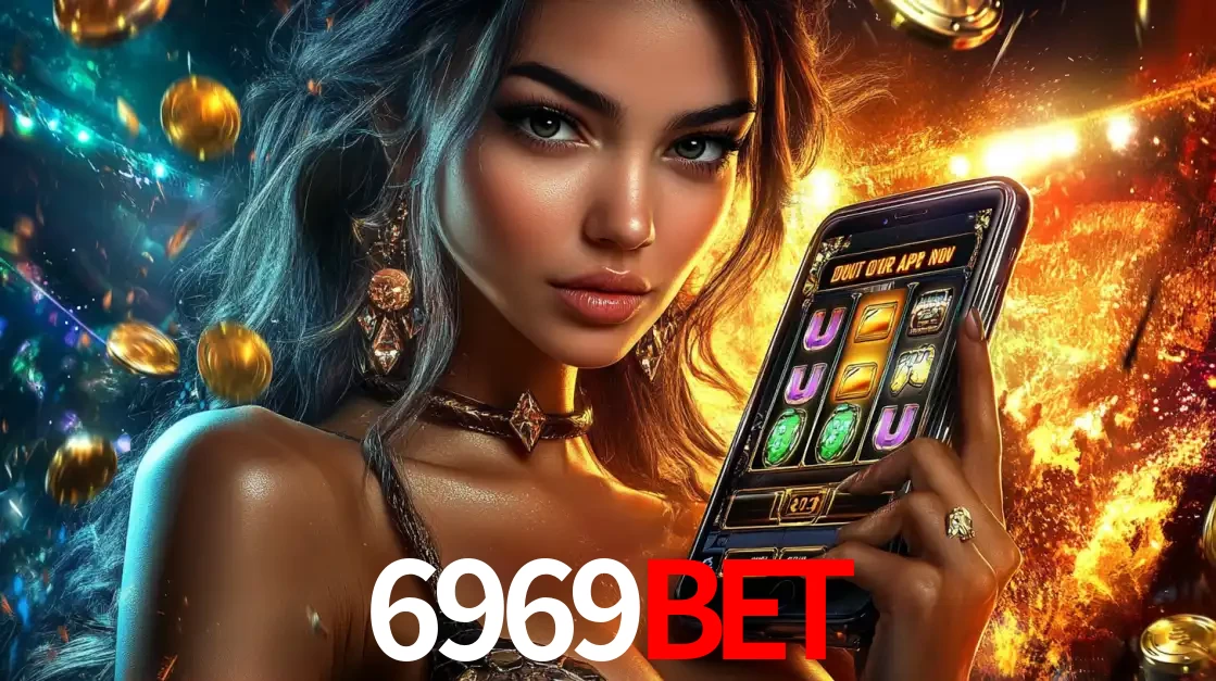 Mulher elegante mostrando um jogo de caça-níqueis em seu smartphone, destacando a experiência de cassino móvel oferecida pelo aplicativo 6969BET.