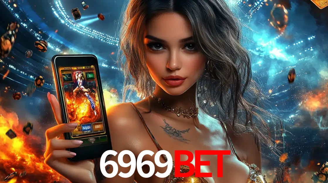 Mulher segurando um celular com um jogo de slot em destaque, tendo como fundo um estádio vibrante, simbolizando a emoção de jogar no cassino móvel 6969BET.