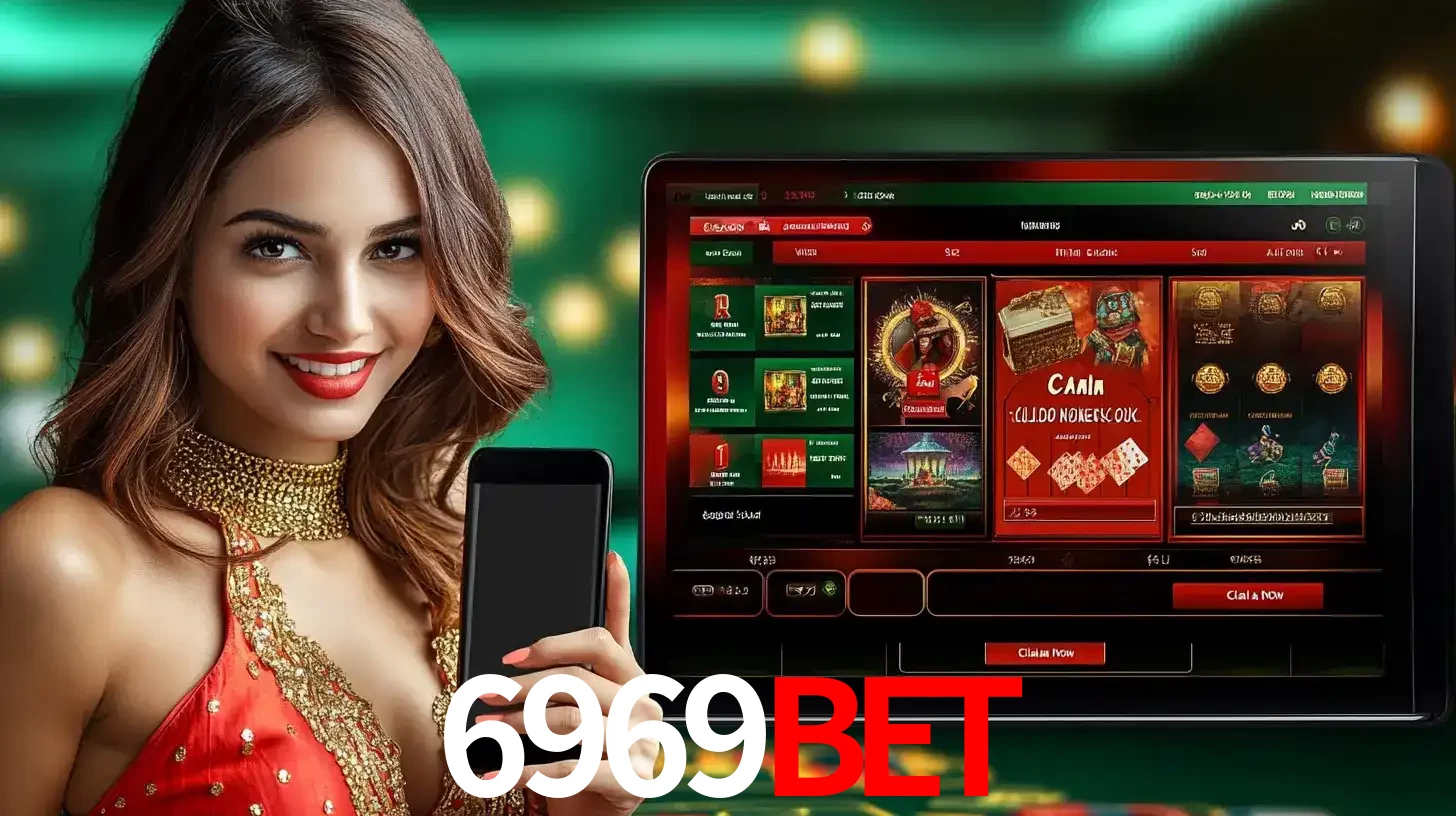 Mulher sorridente segurando um smartphone, ao lado de uma tela exibindo o lobby de jogos do cassino online 6969BET, com várias opções de jogos de cartas e slots.